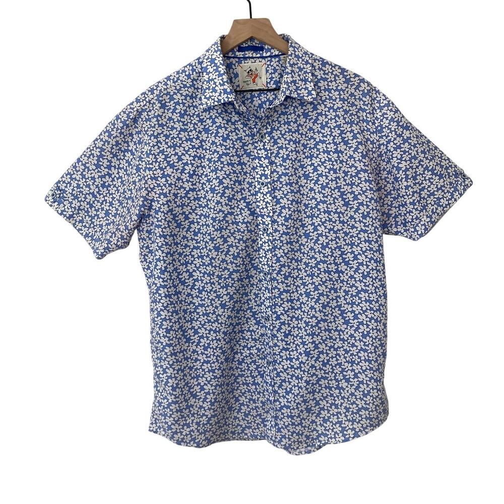 Marti Kat Men's Blue White Floral Summer Tropical Lightweight Button Up Shirt XL